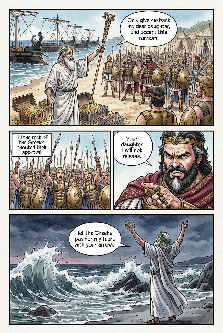 The Iliad, Book 1, manga page 2 of 7: The quarrel of Achilles and Agamemnon, the plague, and Thetis at the knees of Zeus.
