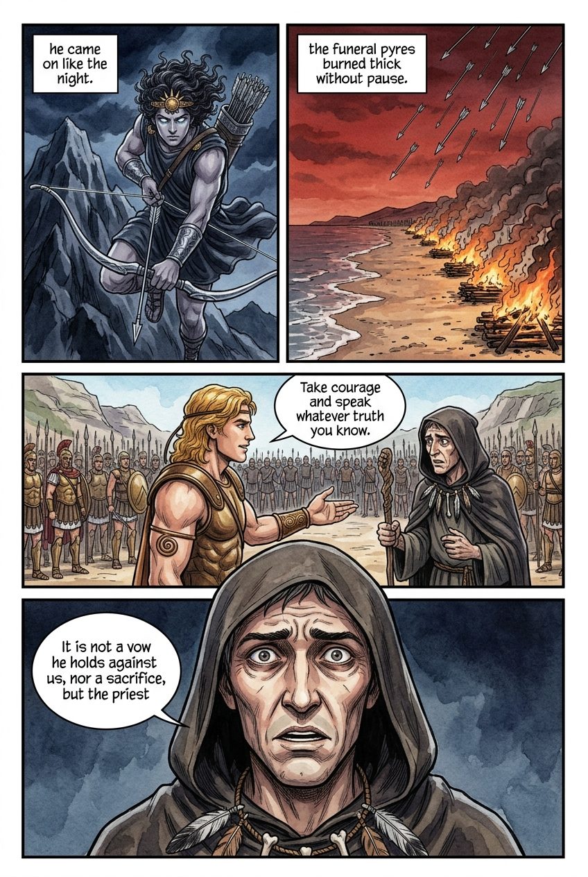 The Iliad, Book 1, manga page 3 of 7: The quarrel of Achilles and Agamemnon, the plague, and Thetis at the knees of Zeus.