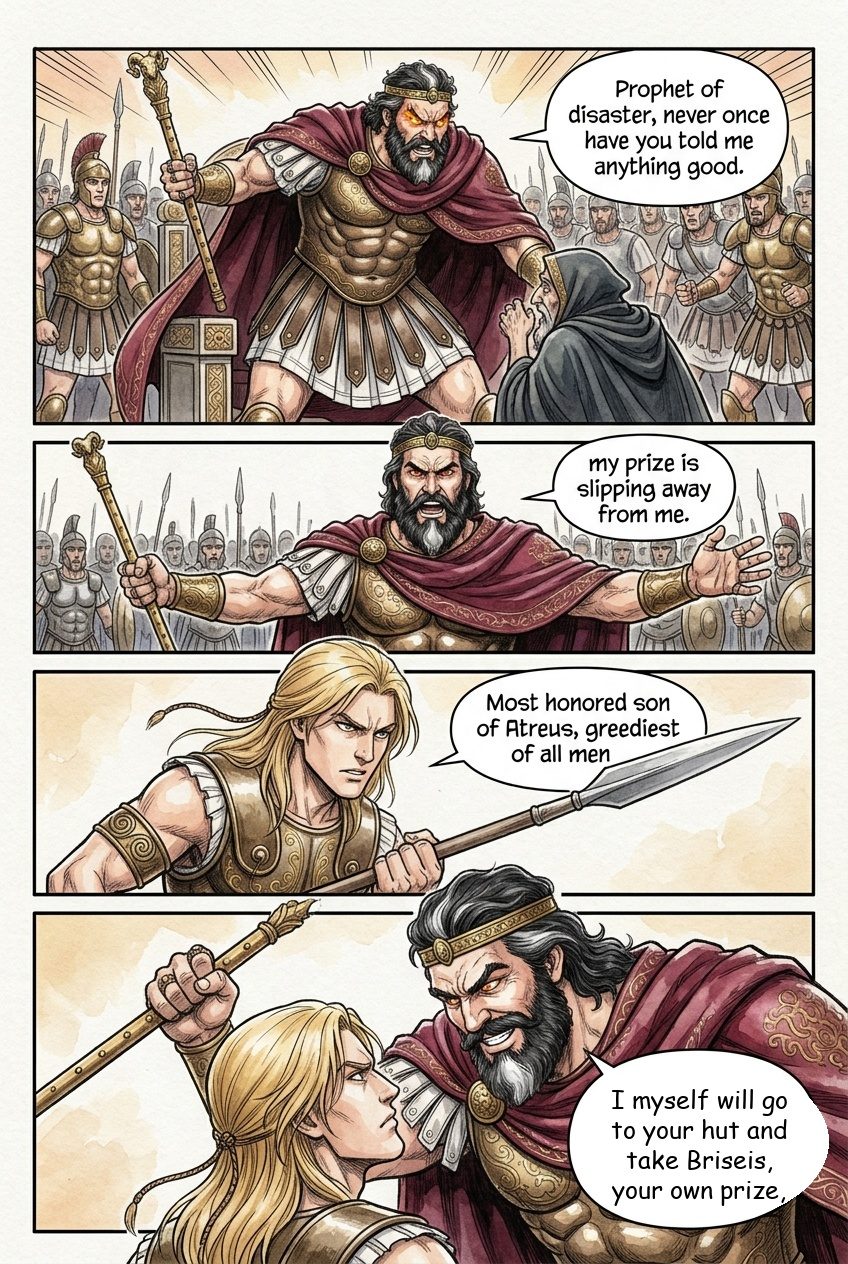 The Iliad, Book 1, manga page 4 of 7: The quarrel of Achilles and Agamemnon, the plague, and Thetis at the knees of Zeus.
