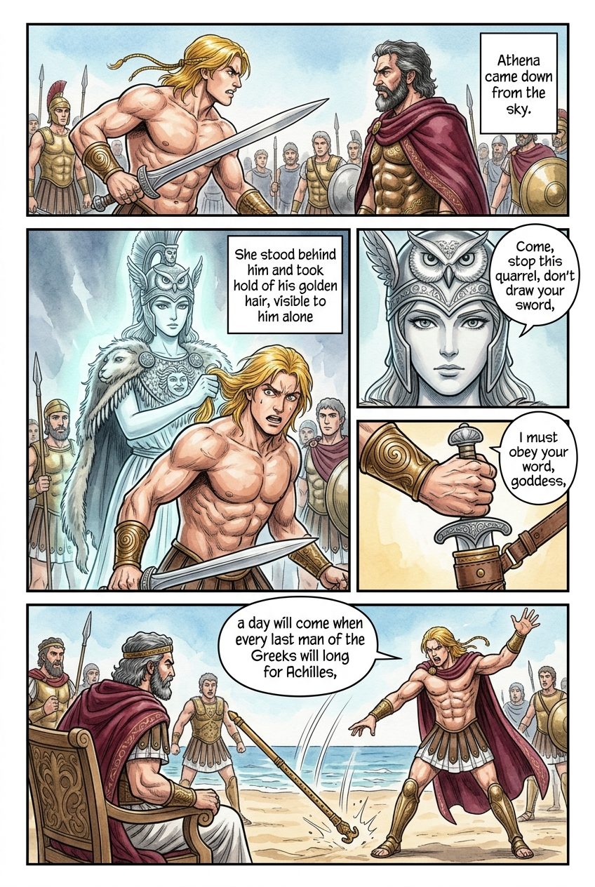 The Iliad, Book 1, manga page 5 of 7: The quarrel of Achilles and Agamemnon, the plague, and Thetis at the knees of Zeus.