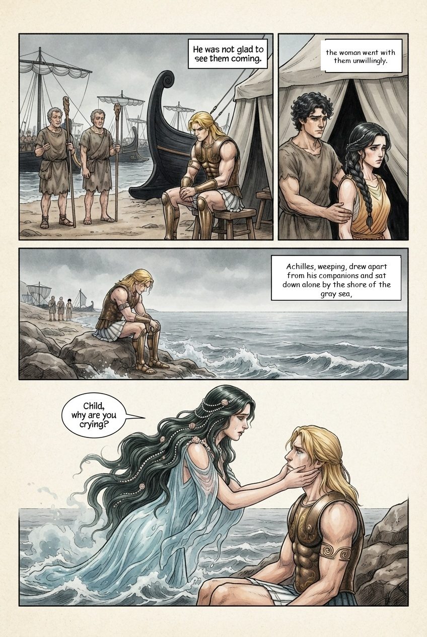 The Iliad, Book 1, manga page 6 of 7: The quarrel of Achilles and Agamemnon, the plague, and Thetis at the knees of Zeus.