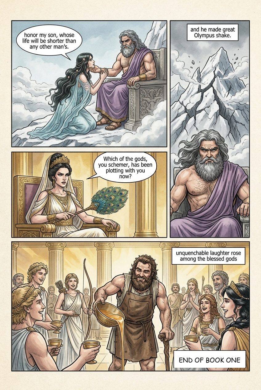 The Iliad, Book 1, manga page 7 of 7: The quarrel of Achilles and Agamemnon, the plague, and Thetis at the knees of Zeus.