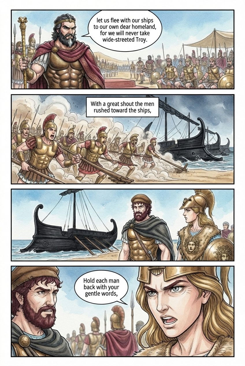 The Iliad, Book 2, manga page 2 of 6: Agamemnon tests the army, Thersites is beaten, and the Greeks muster on the plain.