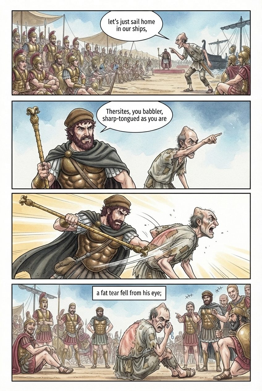 The Iliad, Book 2, manga page 3 of 6: Agamemnon tests the army, Thersites is beaten, and the Greeks muster on the plain.