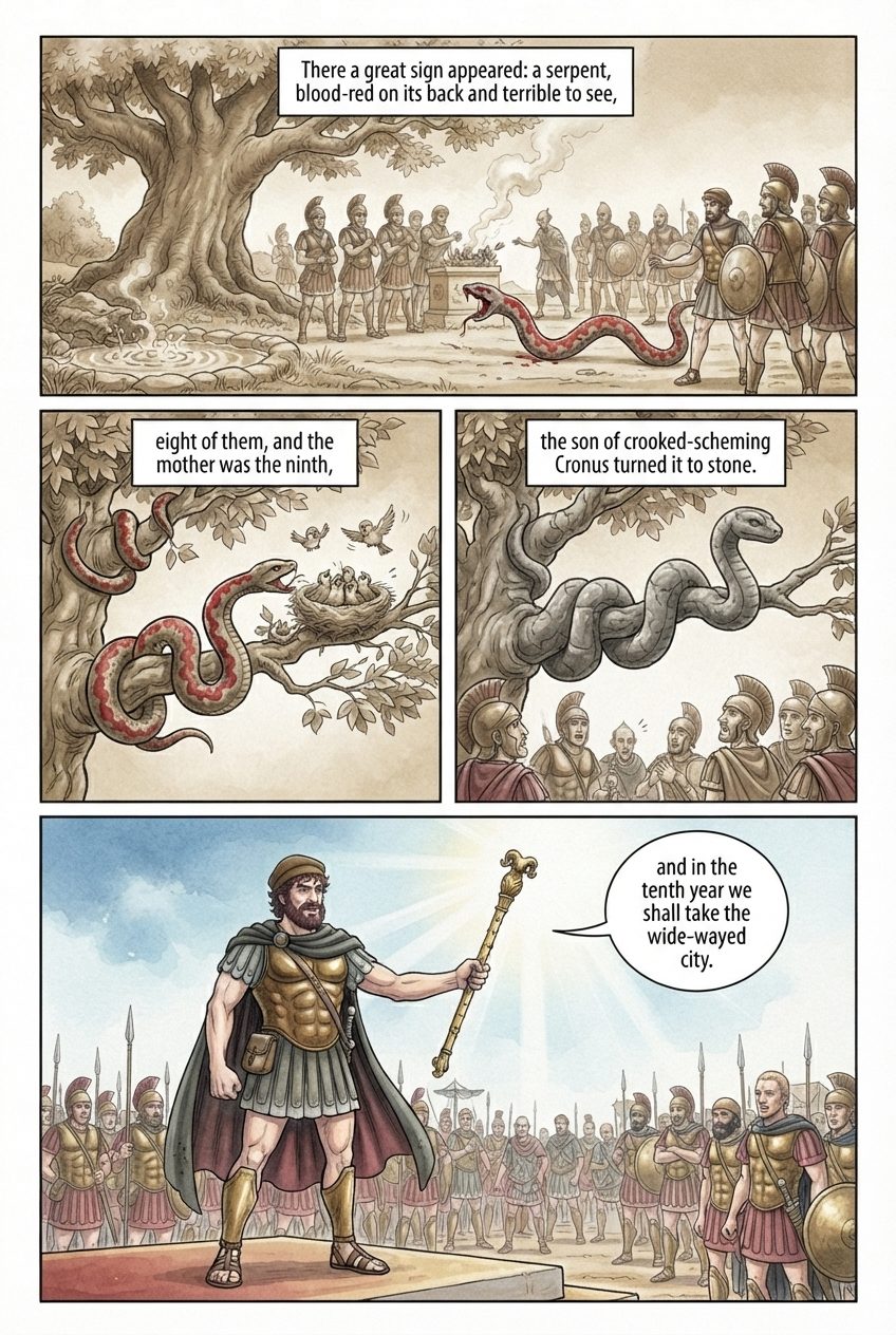 The Iliad, Book 2, manga page 4 of 6: Agamemnon tests the army, Thersites is beaten, and the Greeks muster on the plain.