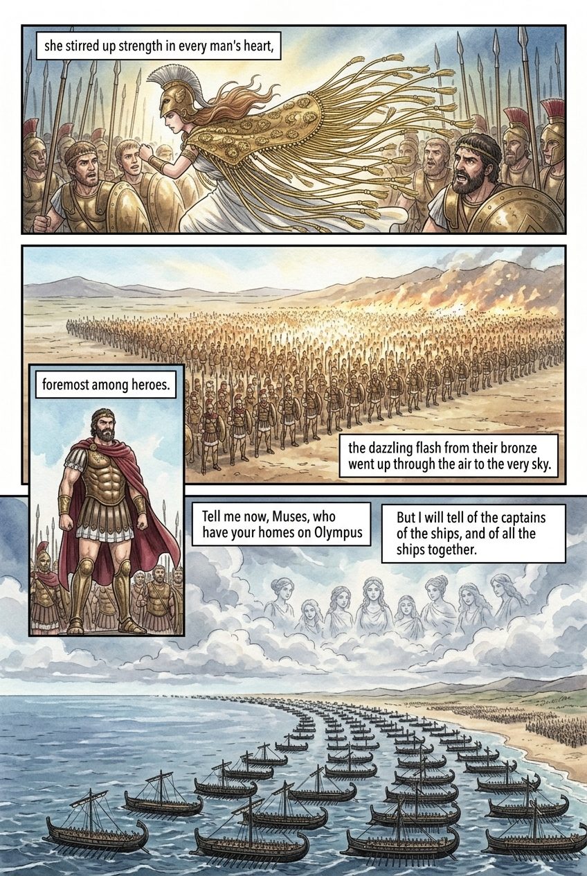 The Iliad, Book 2, manga page 5 of 6: Agamemnon tests the army, Thersites is beaten, and the Greeks muster on the plain.