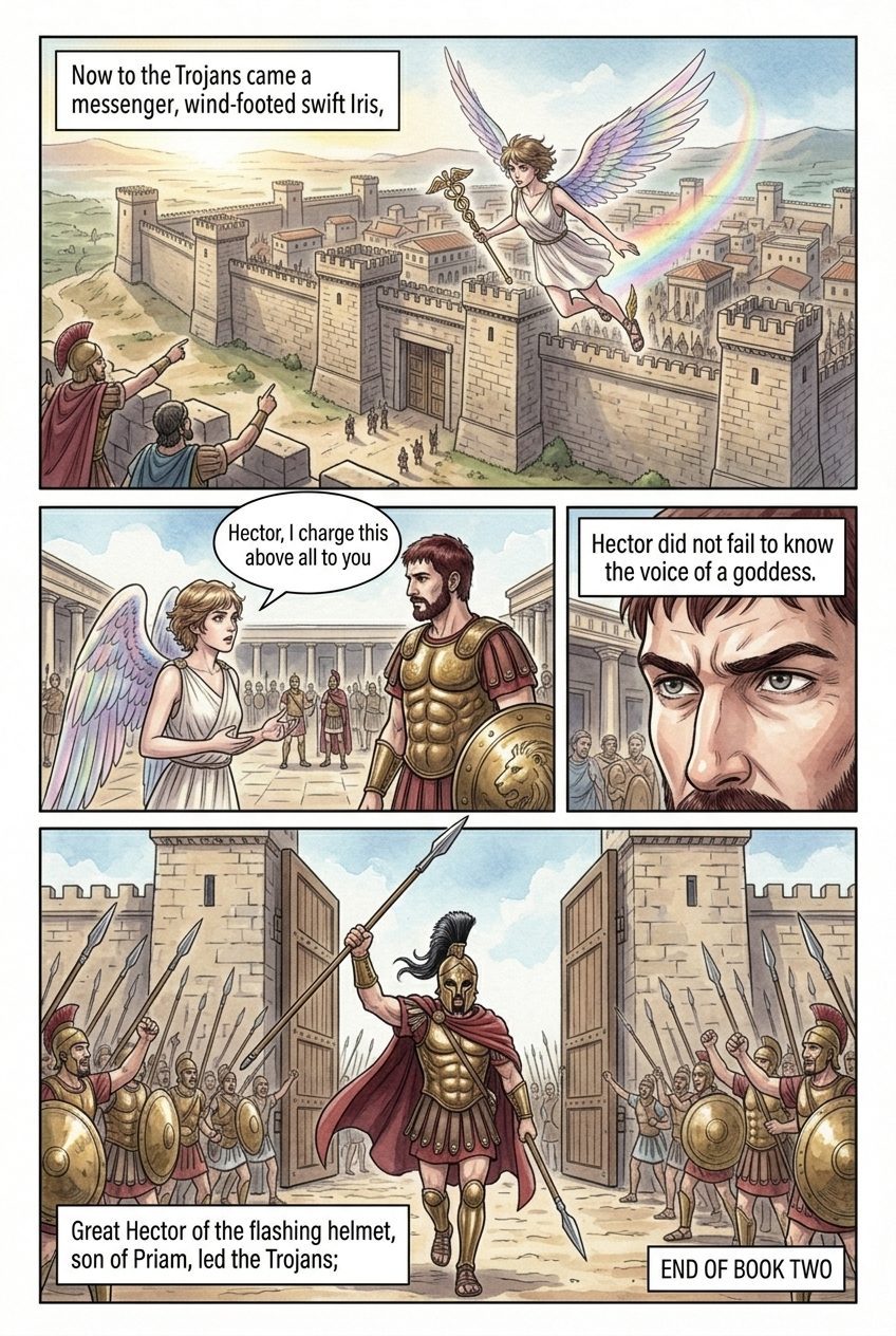 The Iliad, Book 2, manga page 6 of 6: Agamemnon tests the army, Thersites is beaten, and the Greeks muster on the plain.