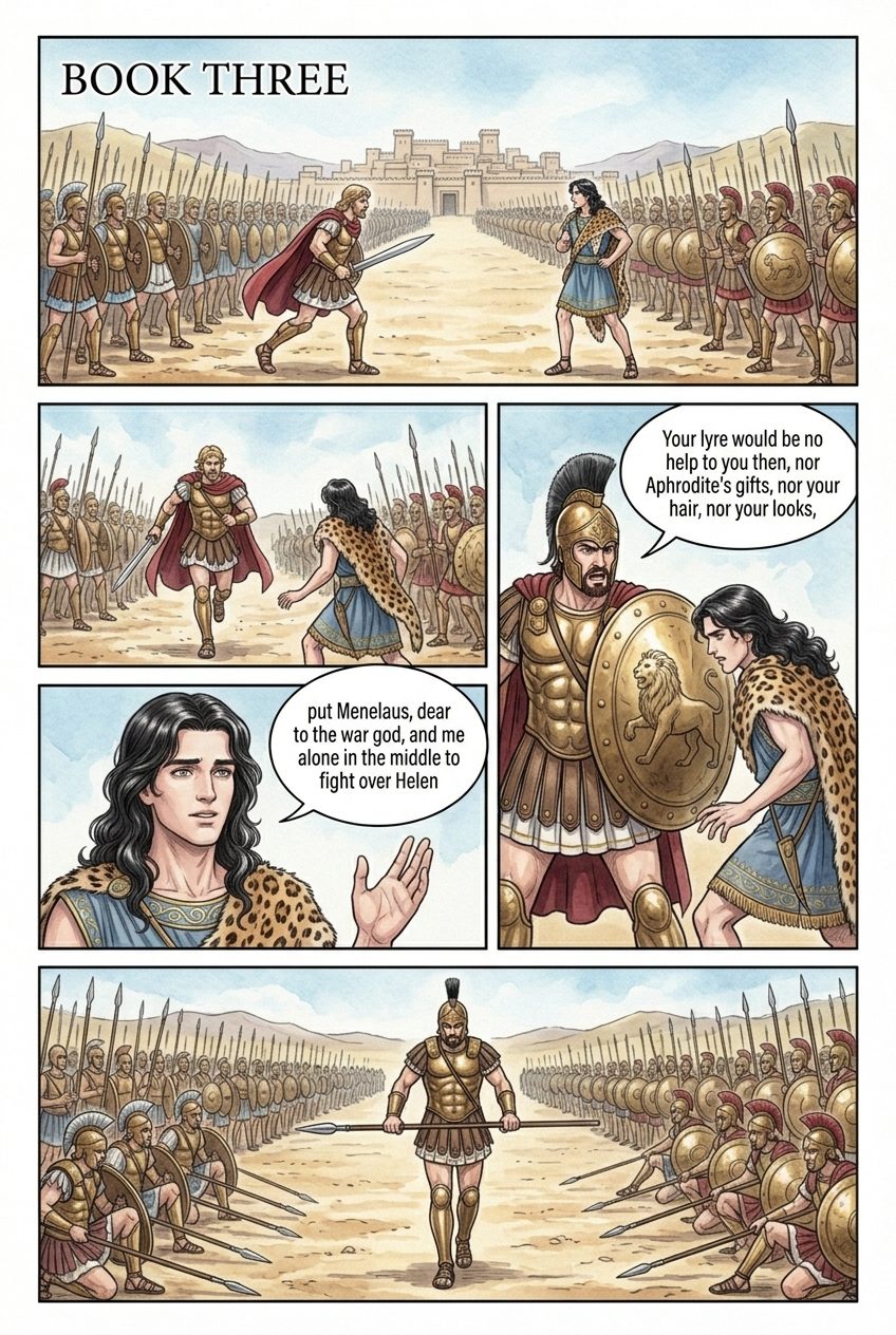 The Iliad, Book 3, manga page 1 of 6: Paris fights Menelaus for Helen, and Aphrodite snatches him away.
