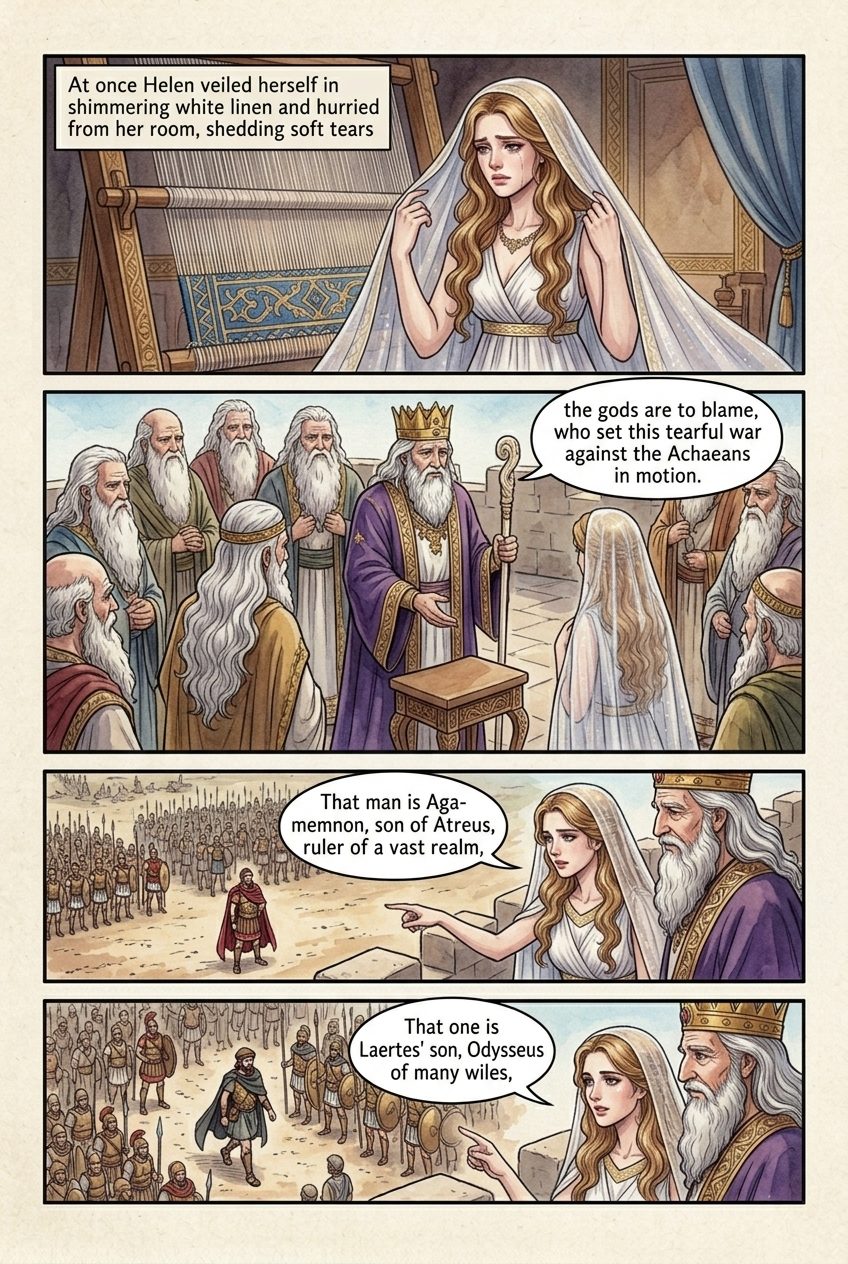 The Iliad, Book 3, manga page 2 of 6: Paris fights Menelaus for Helen, and Aphrodite snatches him away.