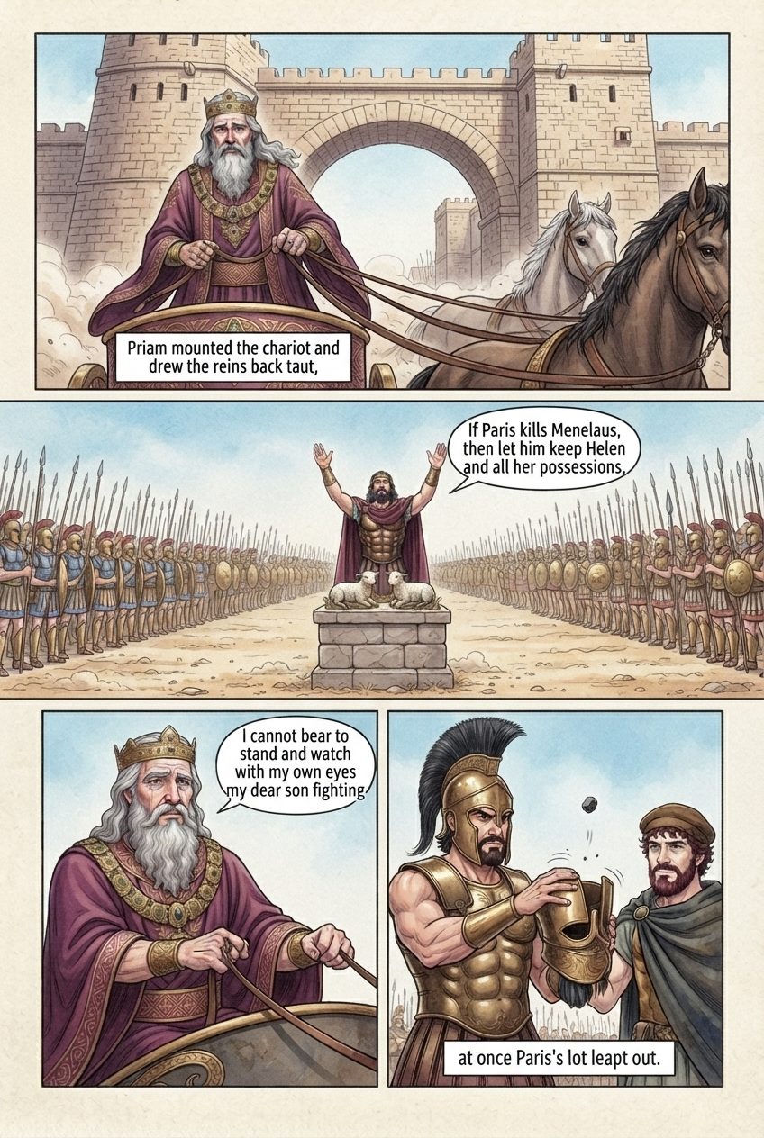 The Iliad, Book 3, manga page 3 of 6: Paris fights Menelaus for Helen, and Aphrodite snatches him away.