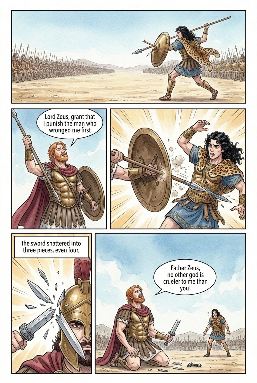 The Iliad, Book 3, manga page 4 of 6: Paris fights Menelaus for Helen, and Aphrodite snatches him away.