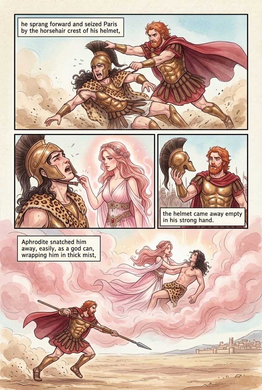 The Iliad, Book 3, manga page 5 of 6: Paris fights Menelaus for Helen, and Aphrodite snatches him away.