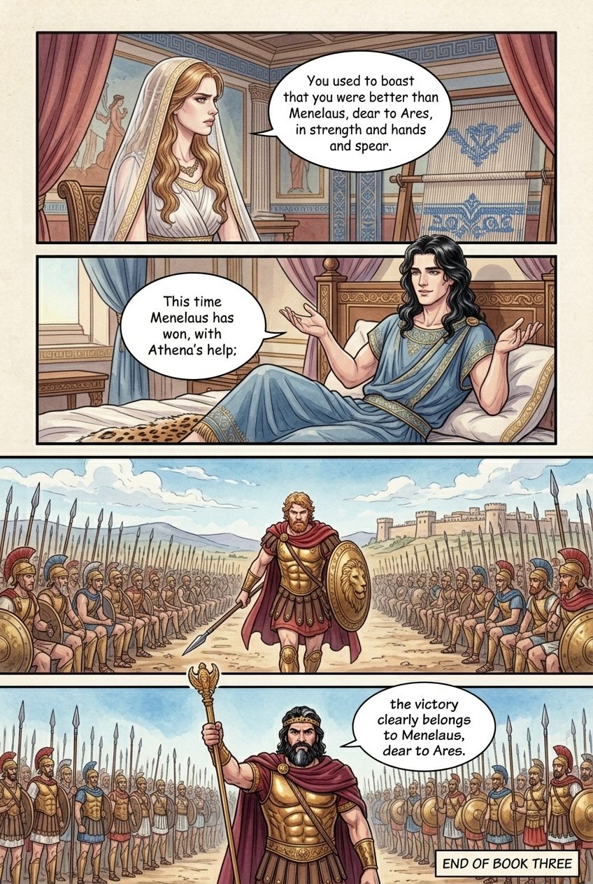 The Iliad, Book 3, manga page 6 of 6: Paris fights Menelaus for Helen, and Aphrodite snatches him away.