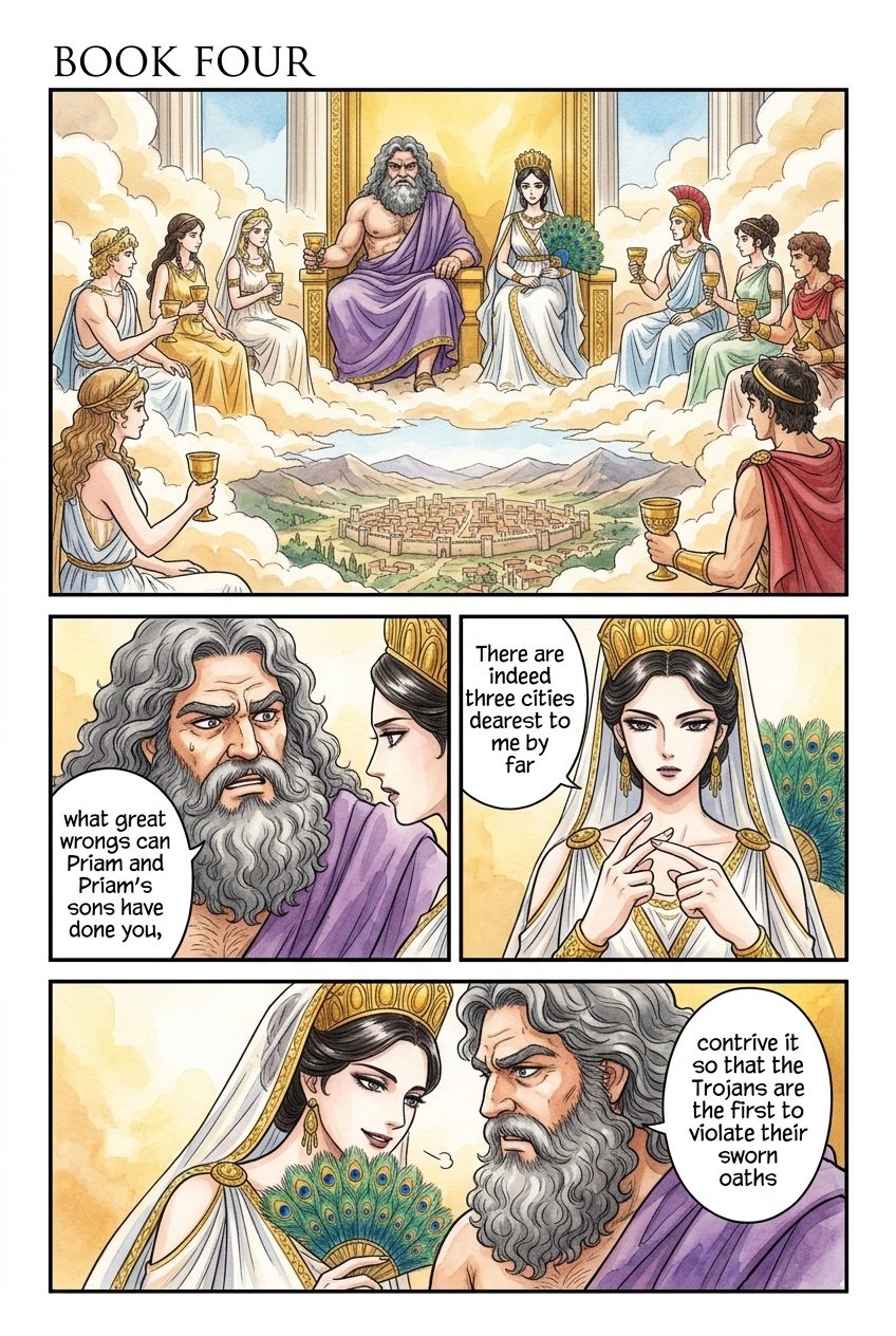 The Iliad, Book 4, manga page 1 of 5: Pandarus breaks the truce with an arrow, and the armies clash.