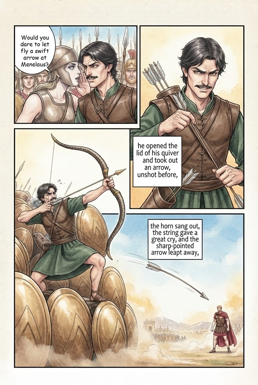 The Iliad, Book 4, manga page 2 of 5: Pandarus breaks the truce with an arrow, and the armies clash.