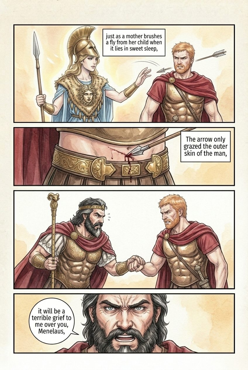 The Iliad, Book 4, manga page 3 of 5: Pandarus breaks the truce with an arrow, and the armies clash.