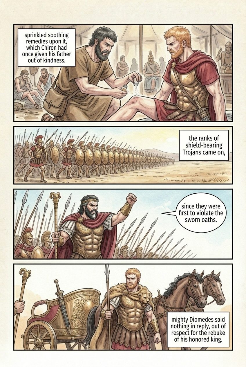 The Iliad, Book 4, manga page 4 of 5: Pandarus breaks the truce with an arrow, and the armies clash.
