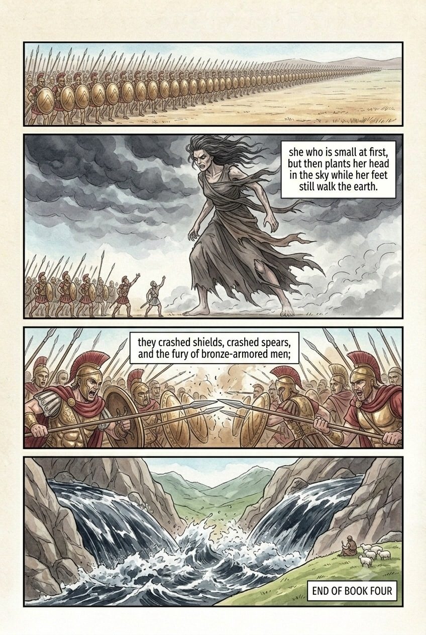 The Iliad, Book 4, manga page 5 of 5: Pandarus breaks the truce with an arrow, and the armies clash.