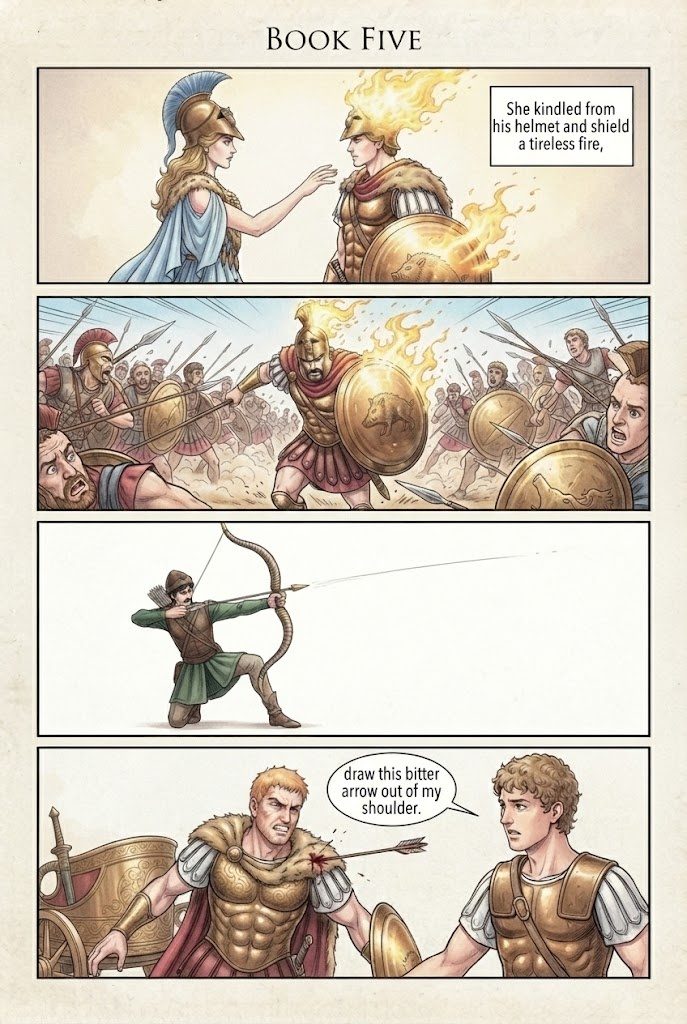 The Iliad, Book 5, manga page 1 of 6: Diomedes, driven by Athena, wounds Aphrodite and Ares.
