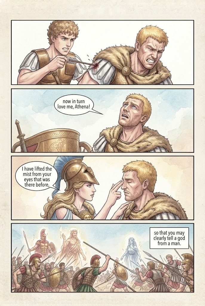 The Iliad, Book 5, manga page 2 of 6: Diomedes, driven by Athena, wounds Aphrodite and Ares.