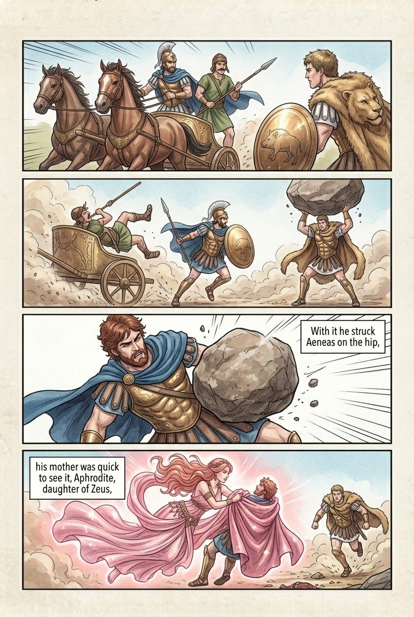 The Iliad, Book 5, manga page 3 of 6: Diomedes, driven by Athena, wounds Aphrodite and Ares.