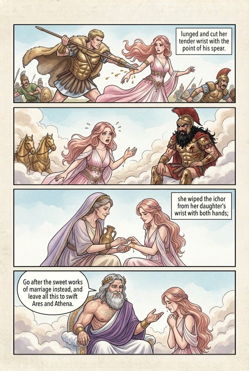 The Iliad, Book 5, manga page 4 of 6: Diomedes, driven by Athena, wounds Aphrodite and Ares.