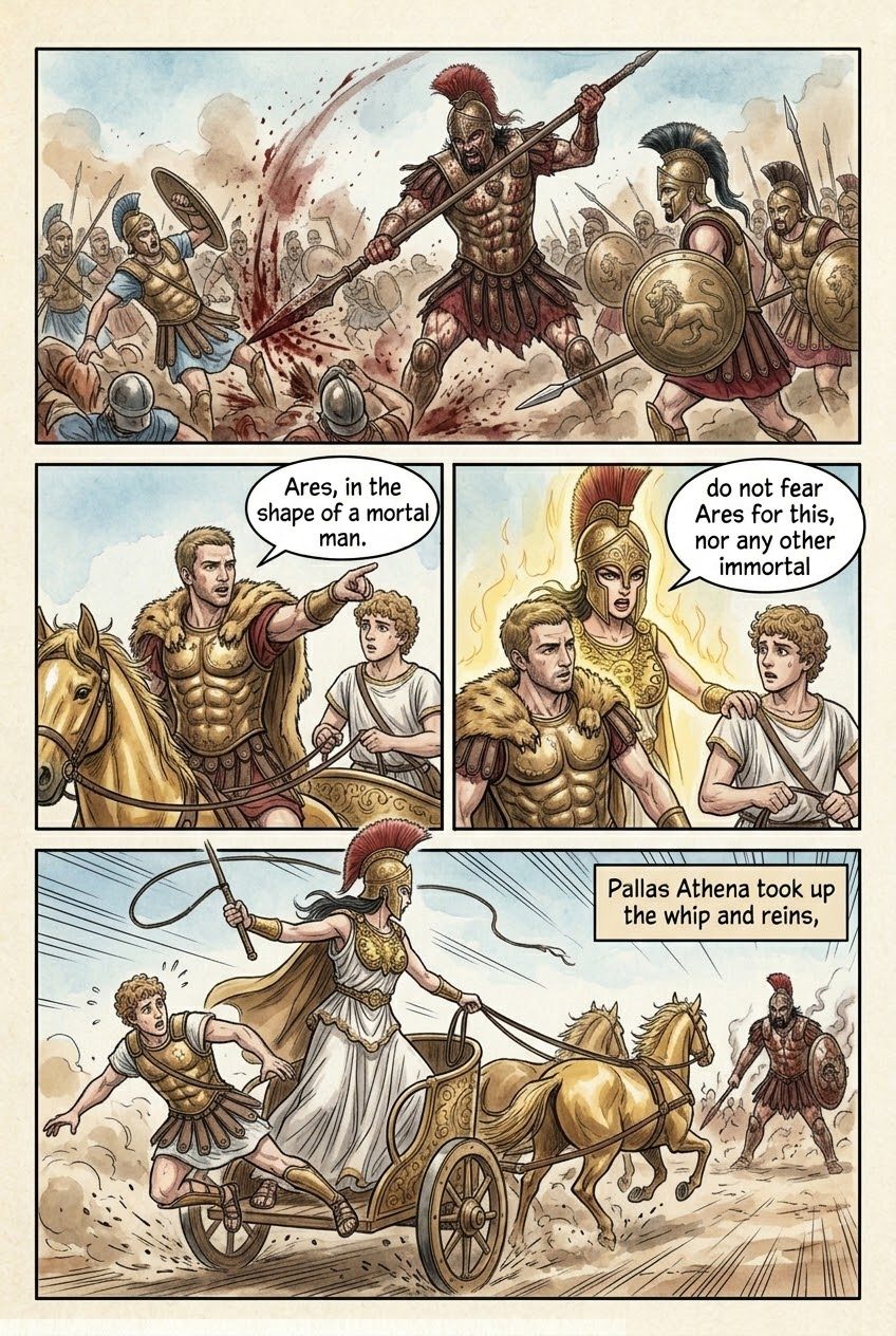 The Iliad, Book 5, manga page 5 of 6: Diomedes, driven by Athena, wounds Aphrodite and Ares.