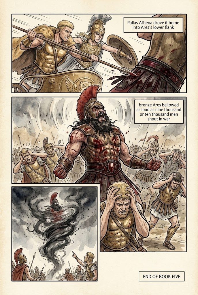 The Iliad, Book 5, manga page 6 of 6: Diomedes, driven by Athena, wounds Aphrodite and Ares.
