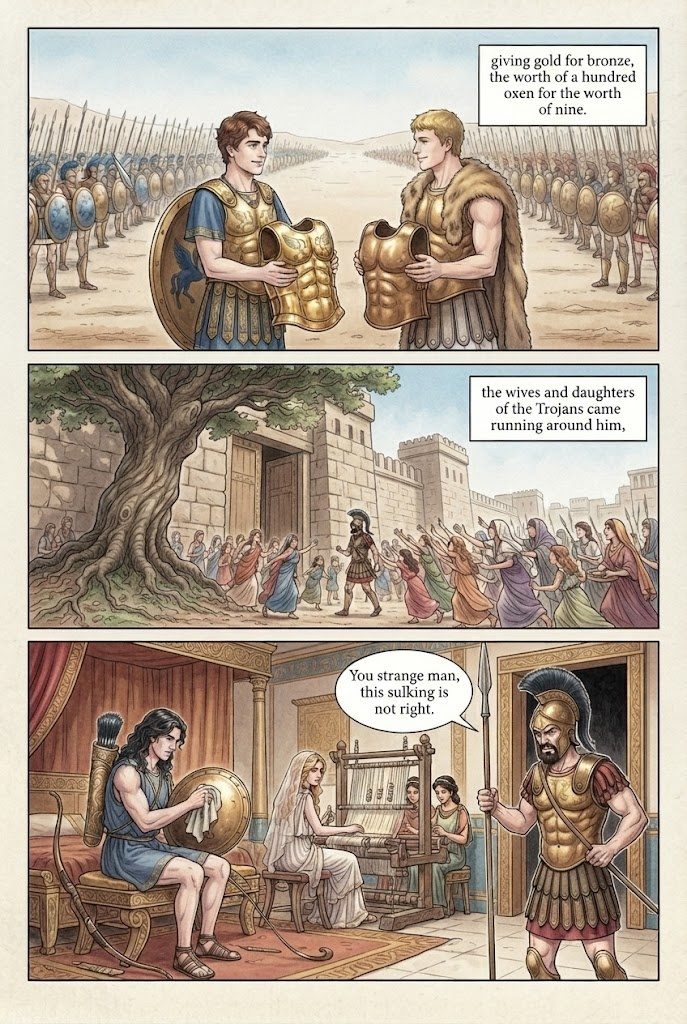 The Iliad, Book 6, manga page 2 of 6: Glaucus and Diomedes trade armor; Hector says farewell to Andromache and his son.