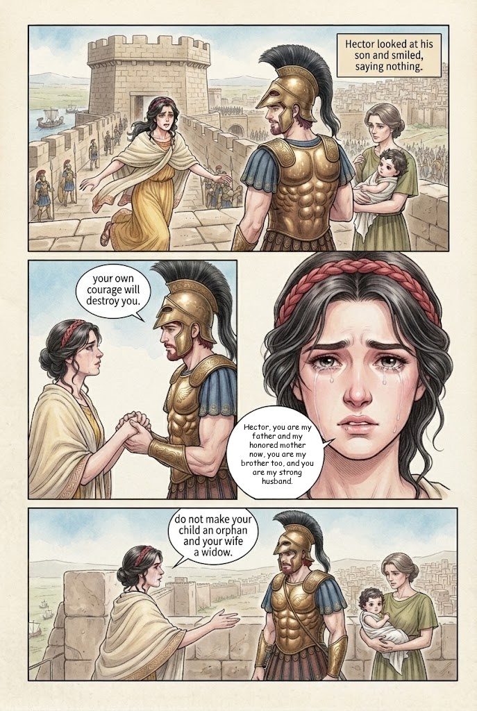The Iliad, Book 6, manga page 3 of 6: Glaucus and Diomedes trade armor; Hector says farewell to Andromache and his son.