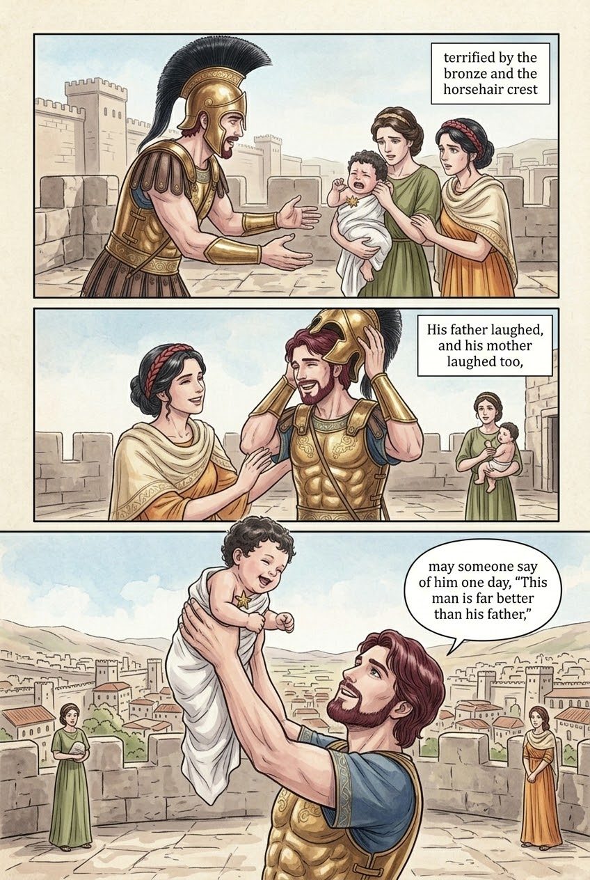 The Iliad, Book 6, manga page 4 of 6: Glaucus and Diomedes trade armor; Hector says farewell to Andromache and his son.