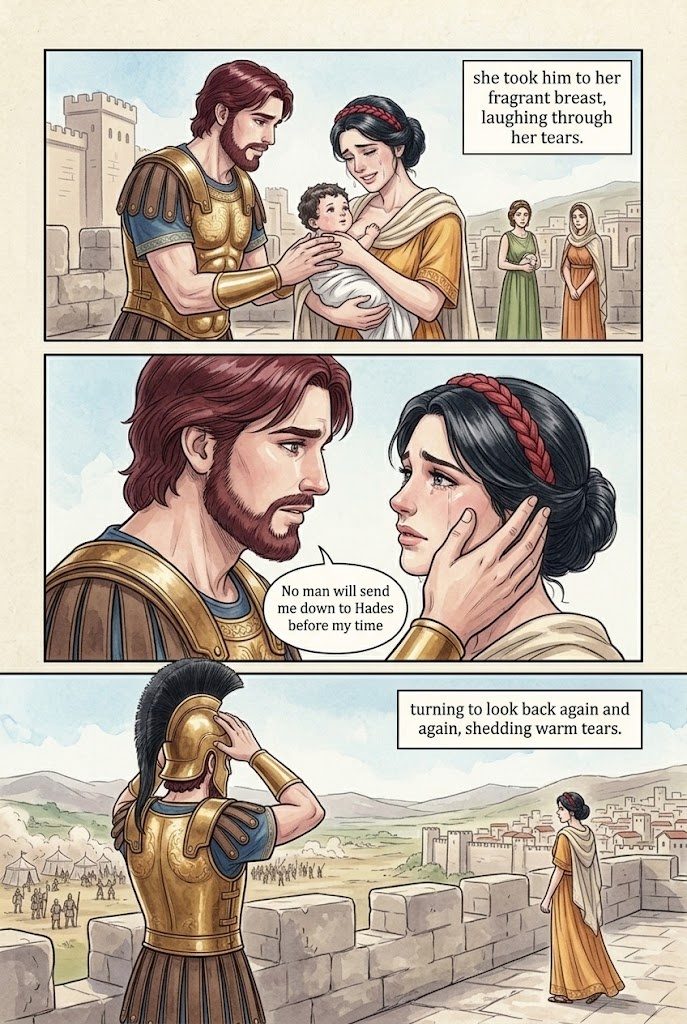 The Iliad, Book 6, manga page 5 of 6: Glaucus and Diomedes trade armor; Hector says farewell to Andromache and his son.