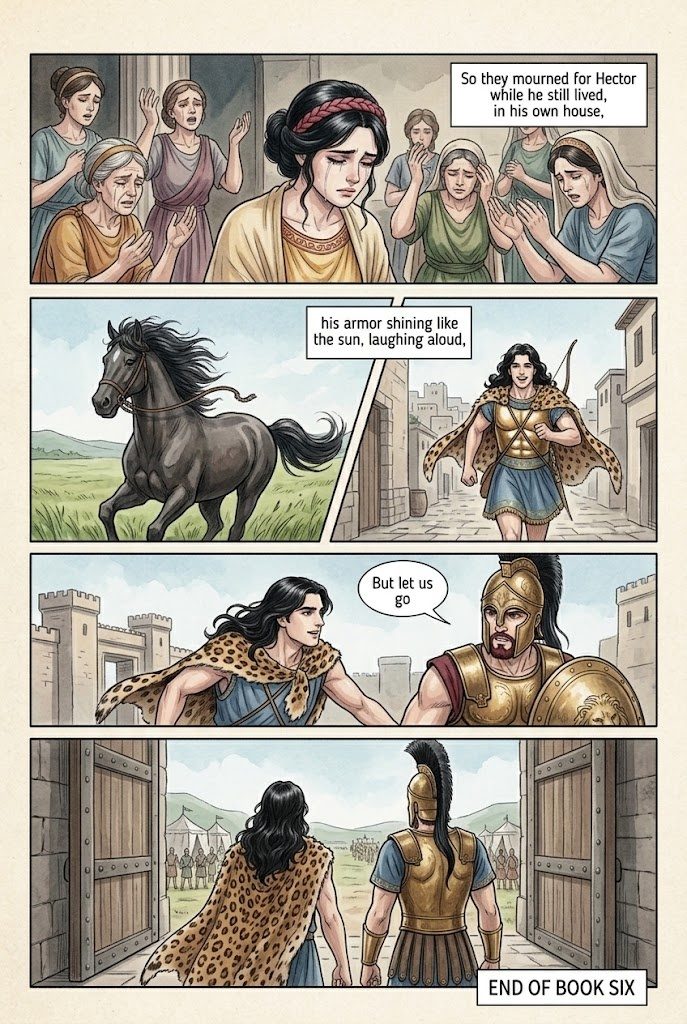 The Iliad, Book 6, manga page 6 of 6: Glaucus and Diomedes trade armor; Hector says farewell to Andromache and his son.