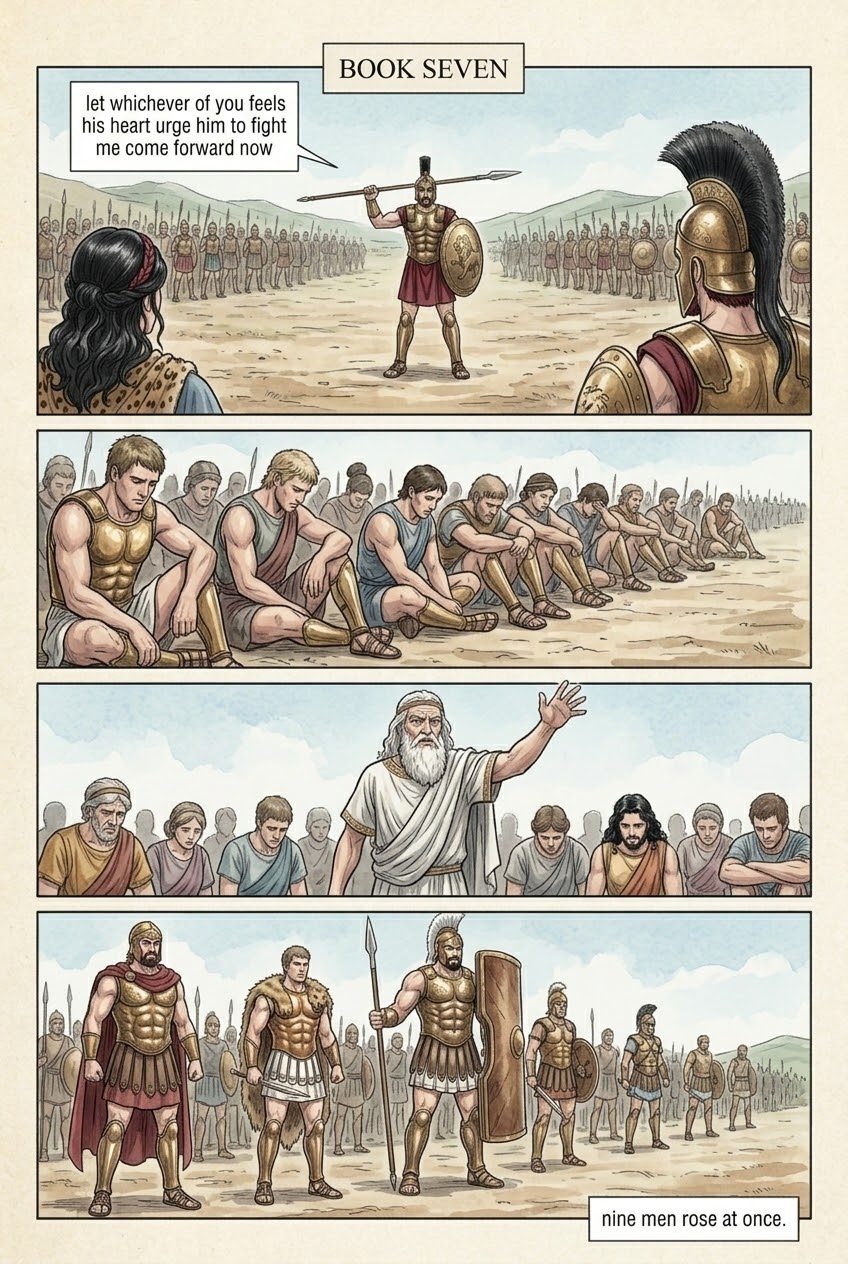 The Iliad, Book 7, manga page 1 of 5: Hector and Ajax fight to a draw and exchange gifts; the Greeks build their wall.