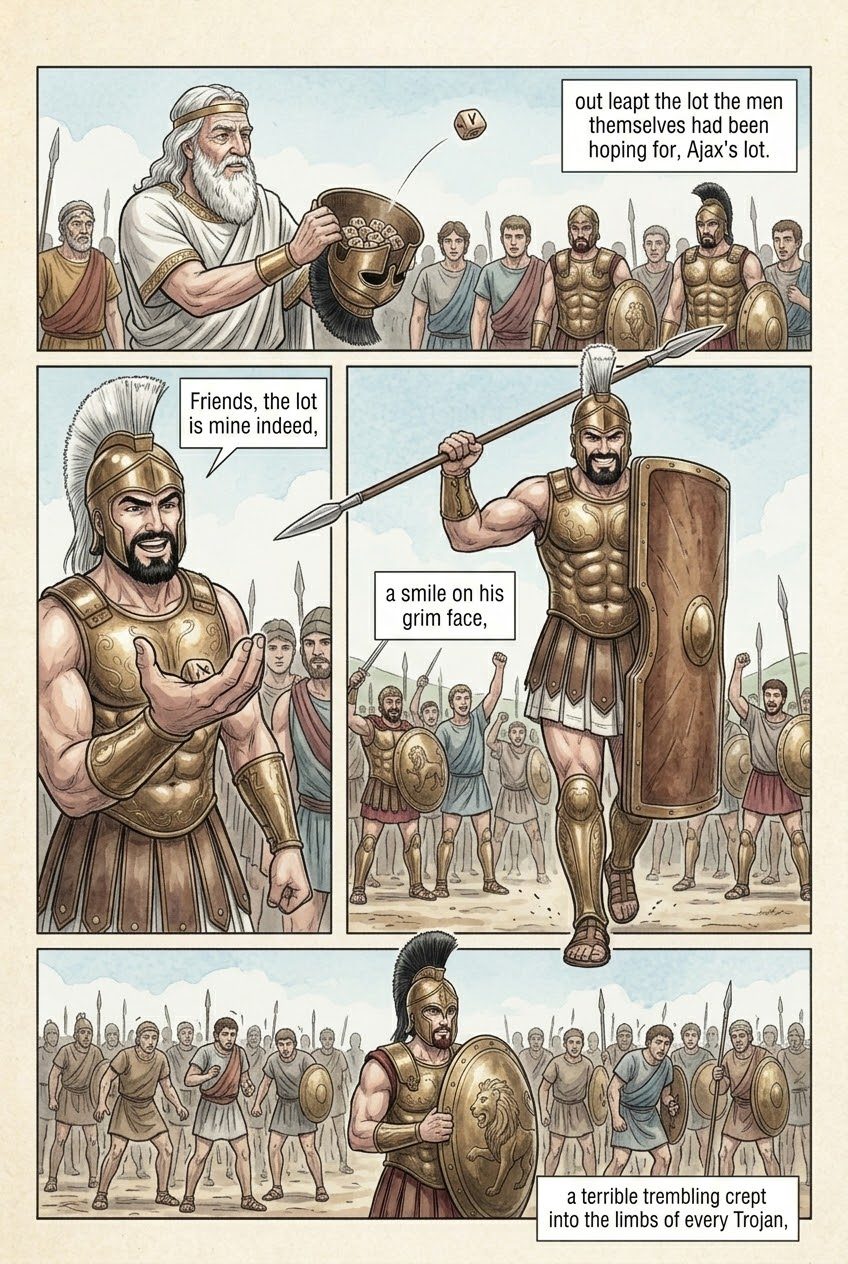 The Iliad, Book 7, manga page 2 of 5: Hector and Ajax fight to a draw and exchange gifts; the Greeks build their wall.