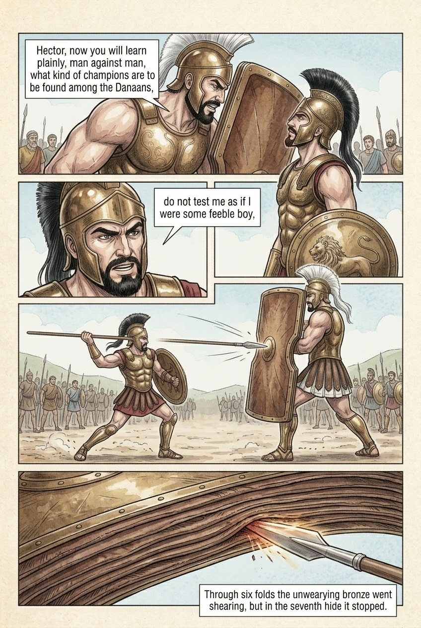 The Iliad, Book 7, manga page 3 of 5: Hector and Ajax fight to a draw and exchange gifts; the Greeks build their wall.