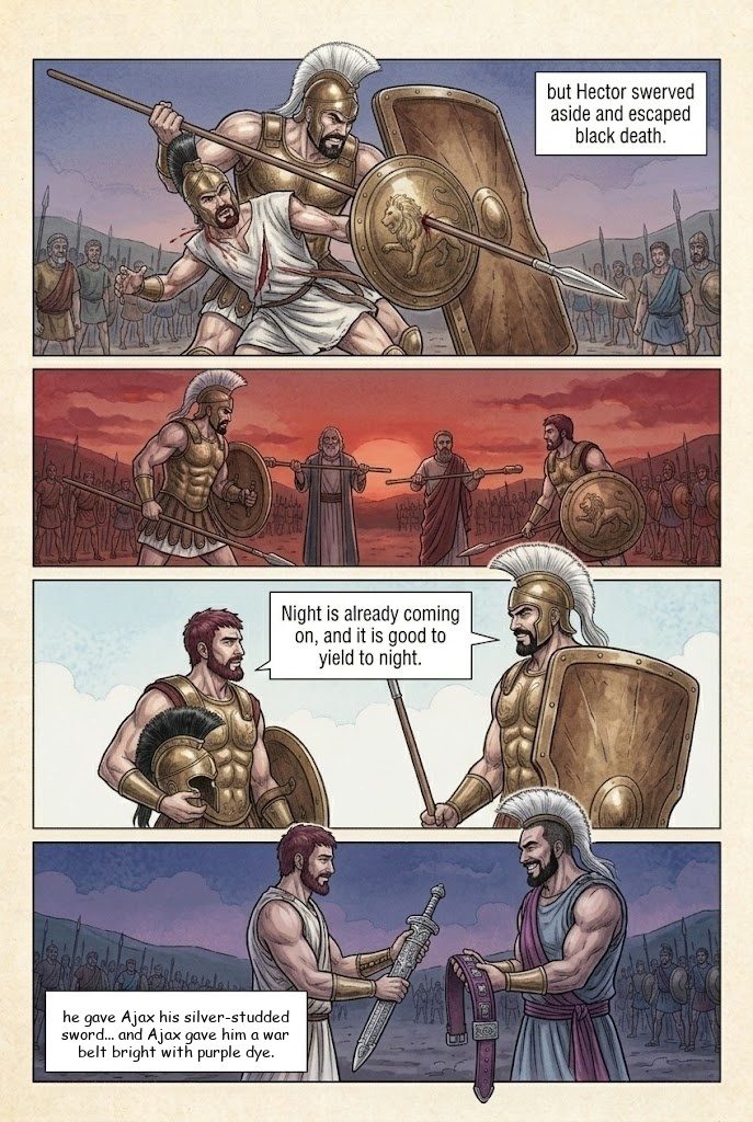 The Iliad, Book 7, manga page 4 of 5: Hector and Ajax fight to a draw and exchange gifts; the Greeks build their wall.