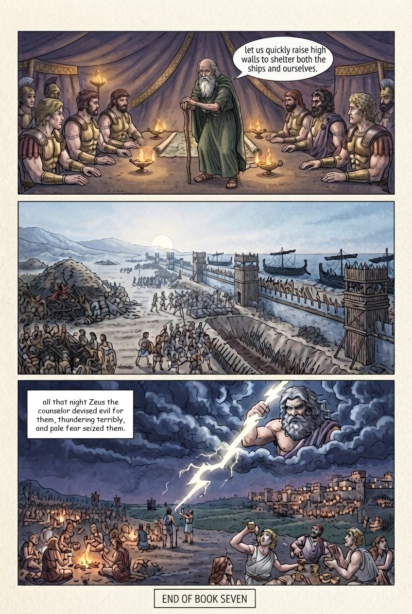 The Iliad, Book 7, manga page 5 of 5: Hector and Ajax fight to a draw and exchange gifts; the Greeks build their wall.