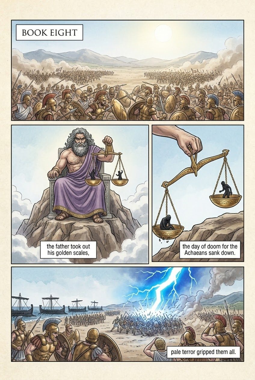 The Iliad, Book 8, manga page 1 of 5: Zeus weighs the fates; a thousand Trojan campfires burn on the plain.