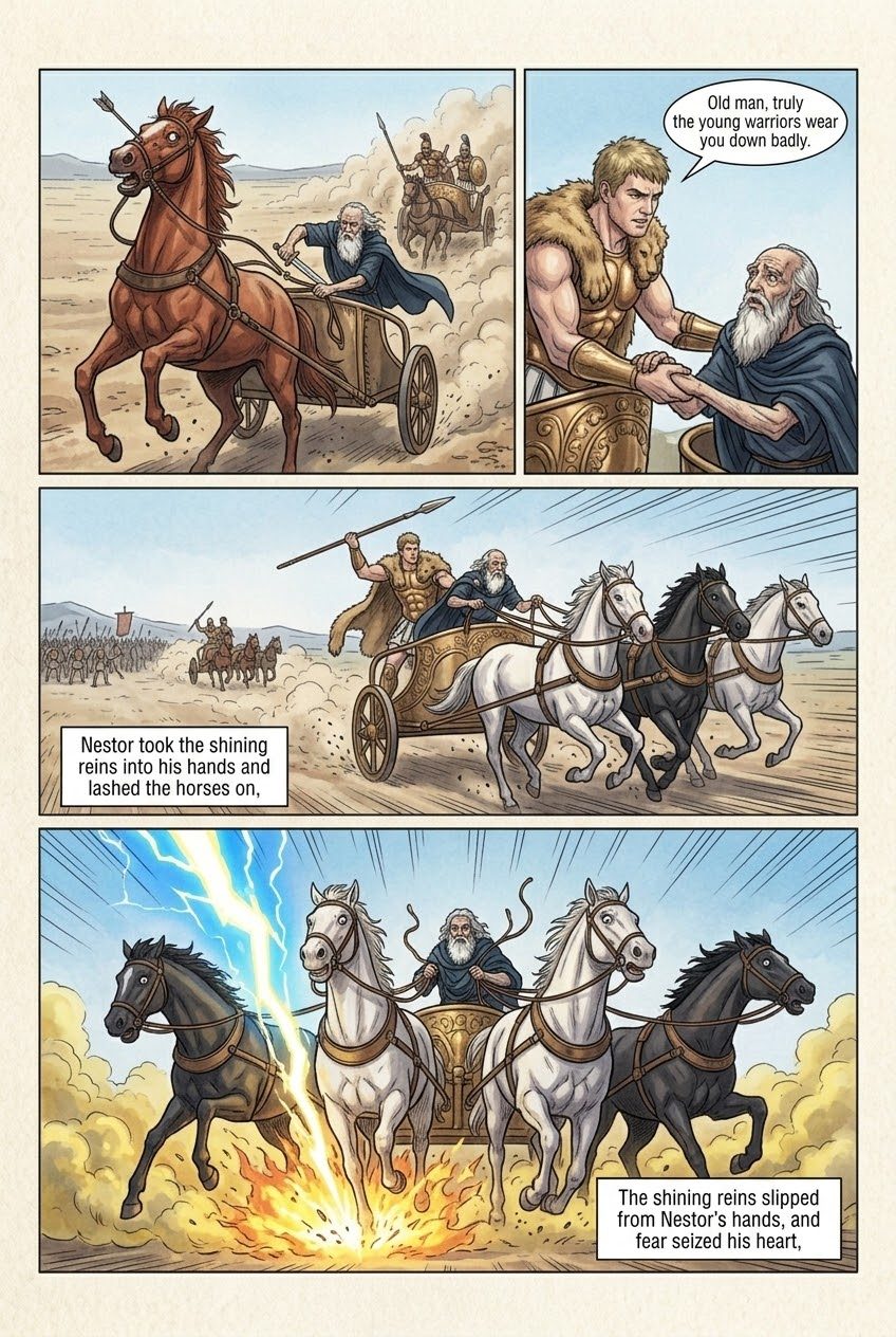 The Iliad, Book 8, manga page 2 of 5: Zeus weighs the fates; a thousand Trojan campfires burn on the plain.