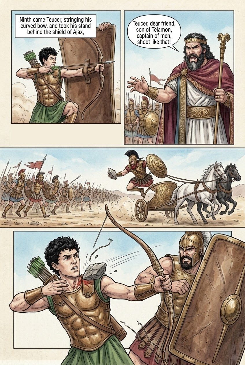 The Iliad, Book 8, manga page 3 of 5: Zeus weighs the fates; a thousand Trojan campfires burn on the plain.