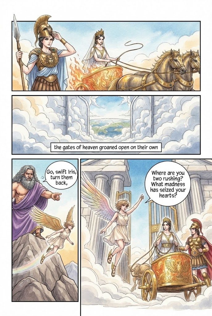 The Iliad, Book 8, manga page 4 of 5: Zeus weighs the fates; a thousand Trojan campfires burn on the plain.