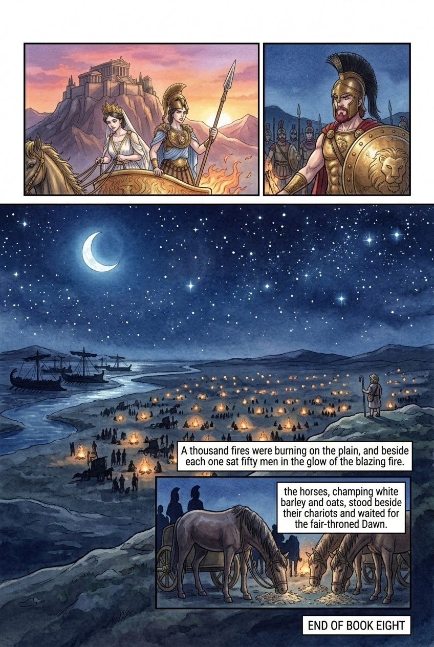 The Iliad, Book 8, manga page 5 of 5: Zeus weighs the fates; a thousand Trojan campfires burn on the plain.