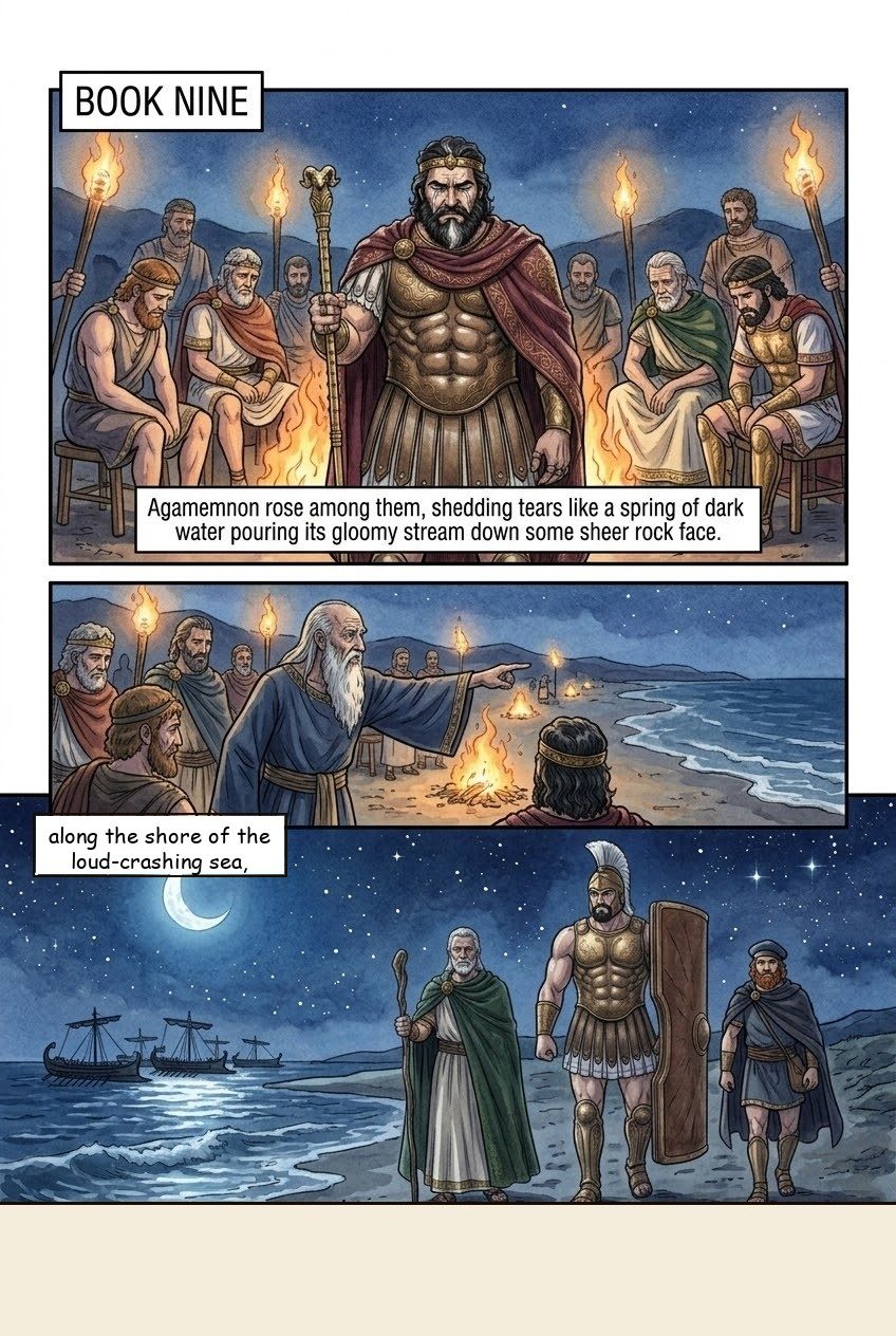 The Iliad, Book 9, manga page 1 of 5: The embassy to Achilles, and his refusal: two fates, a long life or undying glory.