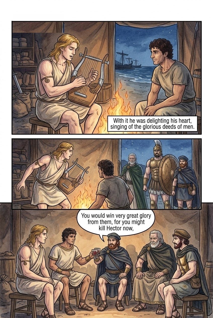 The Iliad, Book 9, manga page 2 of 5: The embassy to Achilles, and his refusal: two fates, a long life or undying glory.