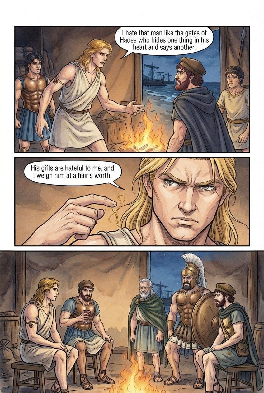 The Iliad, Book 9, manga page 3 of 5: The embassy to Achilles, and his refusal: two fates, a long life or undying glory.