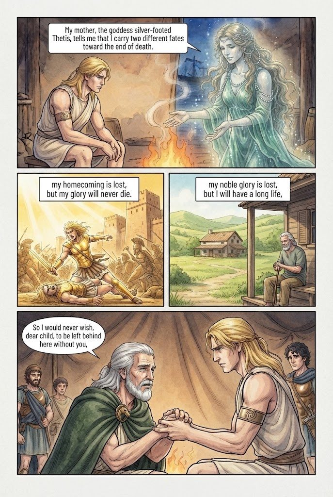 The Iliad, Book 9, manga page 4 of 5: The embassy to Achilles, and his refusal: two fates, a long life or undying glory.