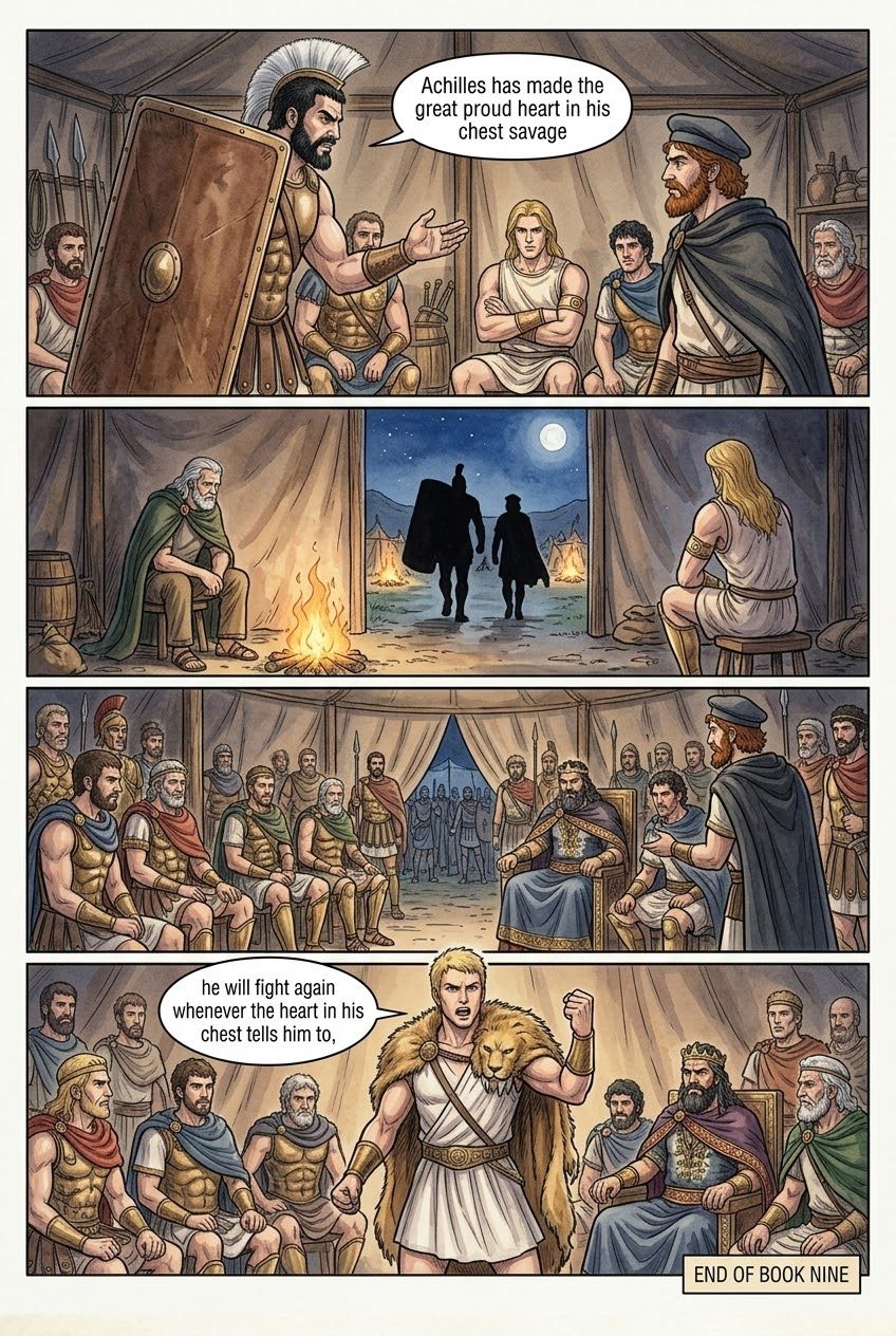 The Iliad, Book 9, manga page 5 of 5: The embassy to Achilles, and his refusal: two fates, a long life or undying glory.