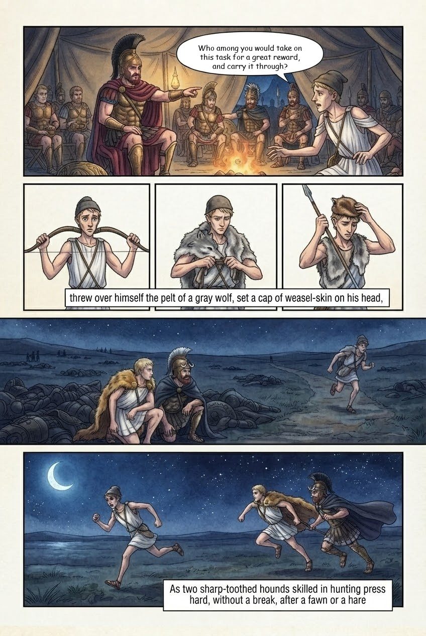 The Iliad, Book 10, manga page 2 of 4: The night raid of Odysseus and Diomedes; Dolon and the white horses of Rhesus.
