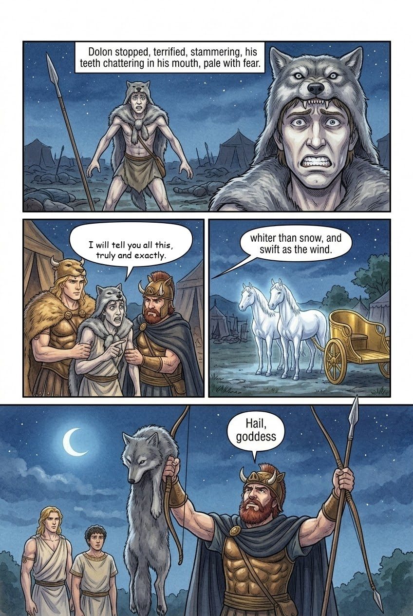 The Iliad, Book 10, manga page 3 of 4: The night raid of Odysseus and Diomedes; Dolon and the white horses of Rhesus.